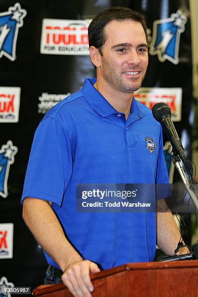 Four-time NASCAR Sprint Cup Champion Jimmie Johnson, driver of the Lowe's Chevrolet, speaks to students at his alma mater, Crest Elementary School on...