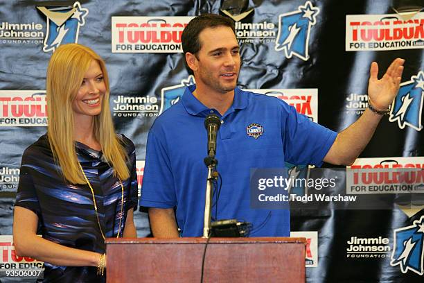 Four-time NASCAR Sprint Cup Champion Jimmie Johnson, driver of the Lowe's Chevrolet, and his wife Chandra speak with students at his alma mater,...