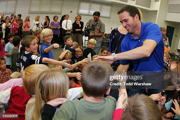 Four-time NASCAR Sprint Cup Champion Jimmie Johnson, driver of the Lowe's Chevrolet, meets with students at his alma mater, Crest Elementary School...