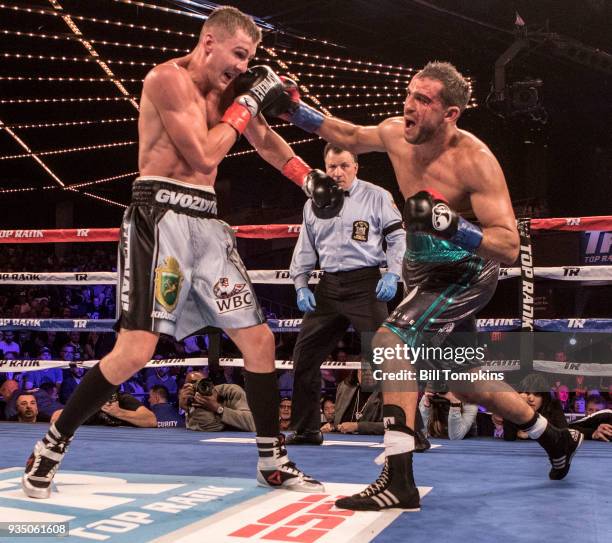 Oleksandr Gvozdyk defeats Medhi Amar in their Light heavyweight Title fight at The Hulu Theatre at Madison Square Garden on March 17, 2018 in New...