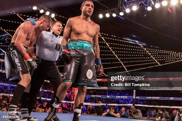 Oleksandr Gvozdyk defeats Medhi Amar in their Light heavyweight Title fight at The Hulu Theatre at Madison Square Garden on March 17, 2018 in New...