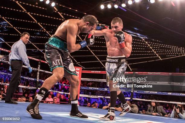 Oleksandr Gvozdyk defeats Medhi Amar in their Light heavyweight Title fight at The Hulu Theatre at Madison Square Garden on March 17, 2018 in New...
