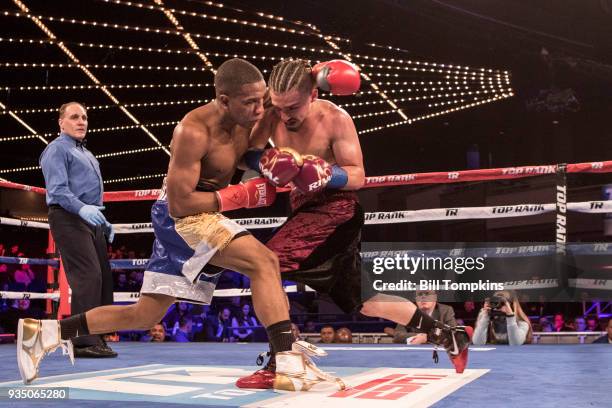 Jose Gonzalez defeats Adan Gonzalez in their Super Bantamweight fight at The Hulu Theatre at Madison Square Garden on March 17, 2018 in New York City.