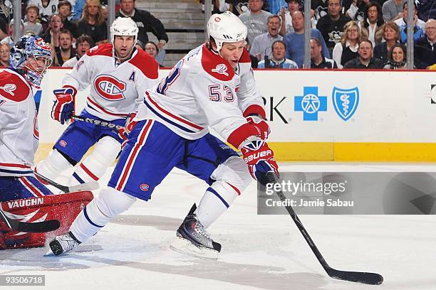 Forward Ryan White of the Montreal Canadiens skates with the puck against the Pittsburgh Penguins on November 25, 2009 at Mellon Arena in Pittsburgh,...