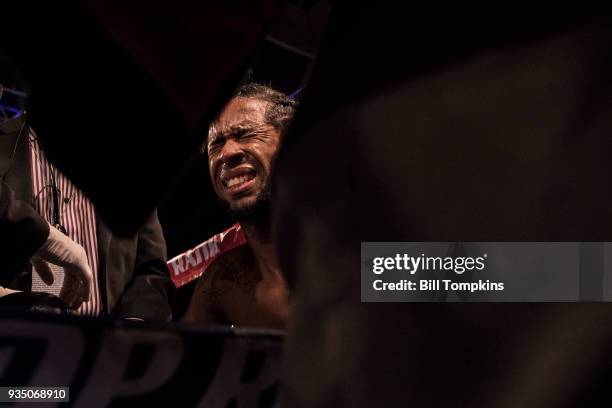 Christopher Diaz defeats Braulio Rodriguez by TKO in their Super Featherweight title fight at The Hulu Theatre at Madison Square Garden on March 17,...