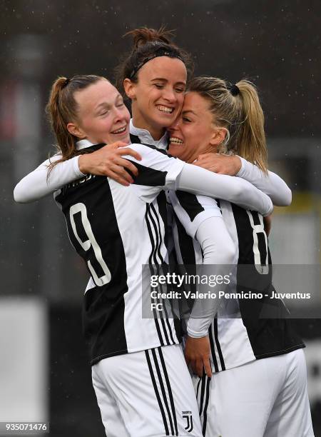 Barbara Bonansea of Juventus Women celebrates a goal with team mates Martina Rosucci and Sanni Franssi during the serie A match between Juventus...