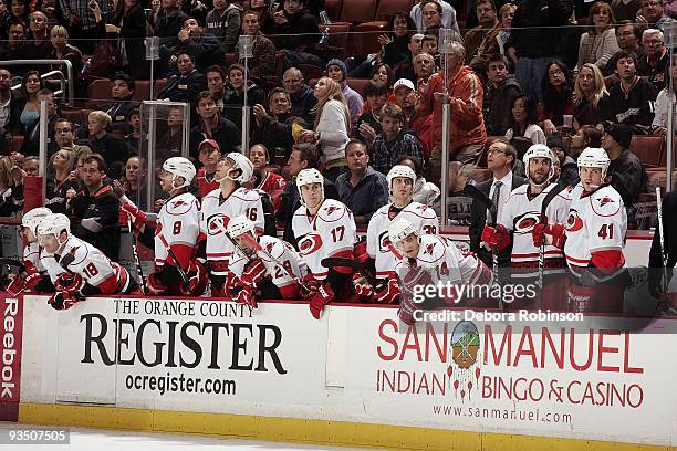 The Carolina Hurricanes watch the game from the bench during the game against the Anaheim Ducks on November 25, 2009 at Honda Center in Anaheim,...