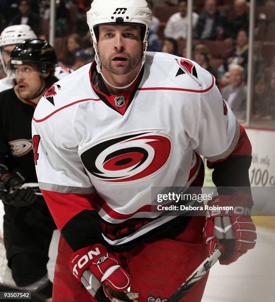 Aaron Ward of the Carolina Hurricanes skates on the ice against the Anaheim Ducks during the game on November 25, 2009 at Honda Center in Anaheim,...