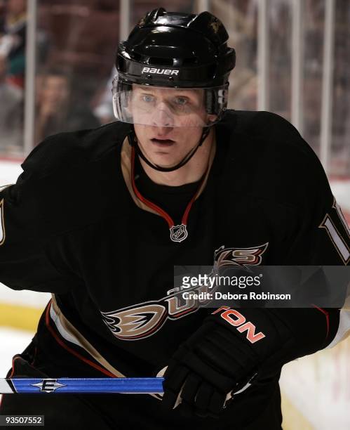 Corey Perry of the Anaheim Ducks skates behind the net during the game against the Carolina Hurricanes on November 25, 2009 at Honda Center in...