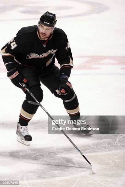 Evgeny Artyukhin of the Anaheim Ducks skates on the ice during the game against the Carolina Hurricanes on November 25, 2009 at Honda Center in...