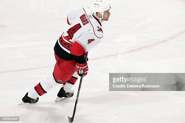 Aaron Ward of the Carolina Hurricanes skates on the ice against the Anaheim Ducks during the game on November 25, 2009 at Honda Center in Anaheim,...