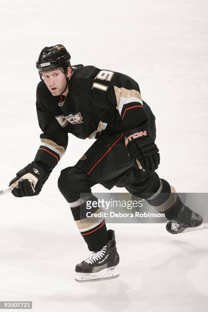 Ryan Whitney of the Anaheim Ducks skates on the ice during the game against the Carolina Hurricanes on November 25, 2009 at Honda Center in Anaheim,...