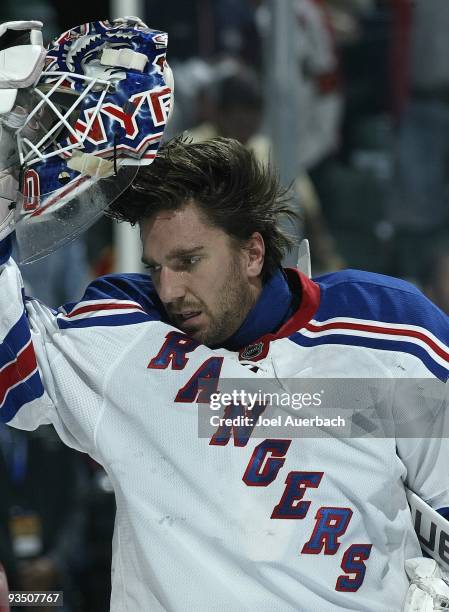 Goaltender Henrik Lundqvist of the New York Rangers gets ready for first period action against the Florida Panthers on November 25, 2009 at the...