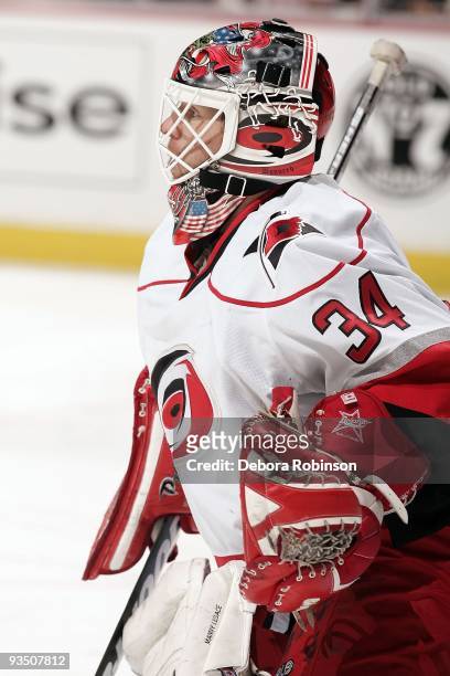 Manny Legace of the Carolina Hurricanes waits in the crease against the Anaheim Ducks during the game on November 25, 2009 at Honda Center in...