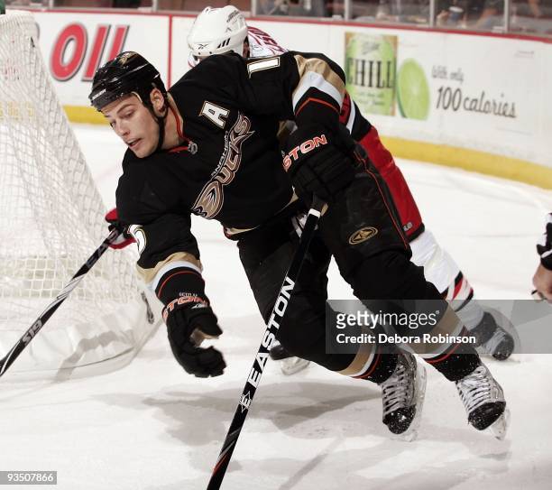 Ryan Getzlaf of the Anaheim Ducks skates behind the net during the game against the Carolina Hurricanes on November 25, 2009 at Honda Center in...
