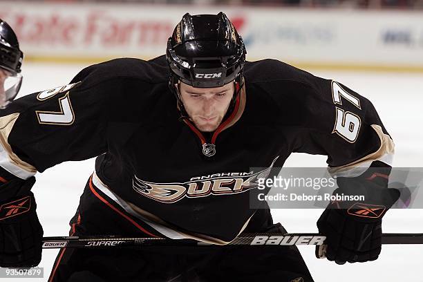 MacGregor Sharp of the Anaheim Ducks faces off during the game against the Carolina Hurricanes on November 25, 2009 at Honda Center in Anaheim,...