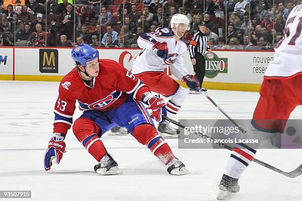 Ryan White of the Montreal Canadiens waits for a pass during the game against Columbus Blue Jacket on November 24, 2009 at the Bell Centre in...