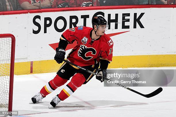 Rene Bourque of the Calgary Flames skates against the Chicago Blackhawks on November 19, 2009 at Pengrowth Saddledome in Calgary, Alberta, Canada....