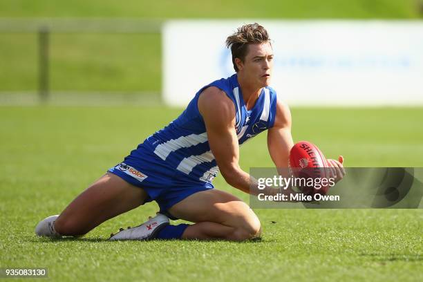 Thomas Murphy of the Kangaroos marks the ball during the VFL practice match between North Melbourne and Williamstown at Arden Street on March 17,...