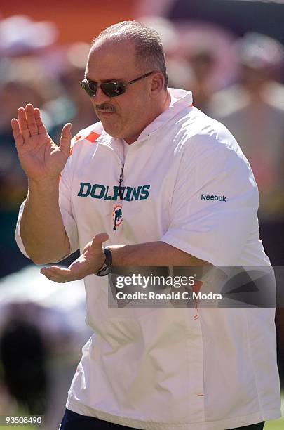 Head Coach Tony Sparano of the Miami Dolphins during warm-ups before a NFL game against the Tampa Bay Buccaneers at Land Shark Stadium on November...