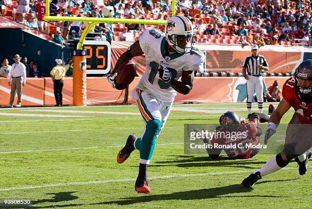 Ted Ginn, Jr. #19 of the Miami Dolphins carries the ball during a NFL game against the Tampa Bay Buccaneers at Land Shark Stadium on November 15,...