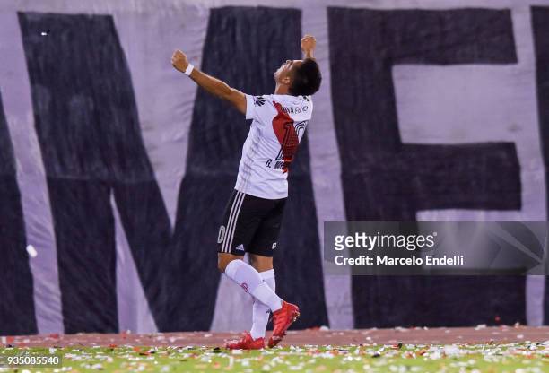 Gonzalo Martinez of River Plate celebrates after scoring the first goal of his team during a match between River Plate and Belgrano as part of...