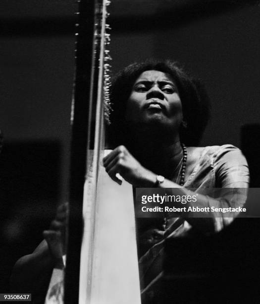 Portrait of the musician Alice Coltrane , performing during a concert at Fisk University, Nashville, TN, 1971.