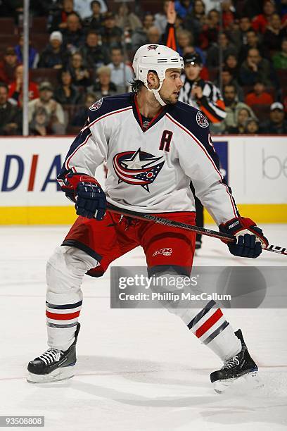 Rostislav Klesla of the Columbus Blue Jackets skates against the Ottawa Senators during their game at Scotiabank Place on November 26, 2009 in...