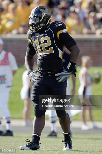 Sean Weatherspoon of the Missouri Tigers walks on the field during the game against the Baylor Bears at Faurot Field/Memorial Stadium on November 7,...