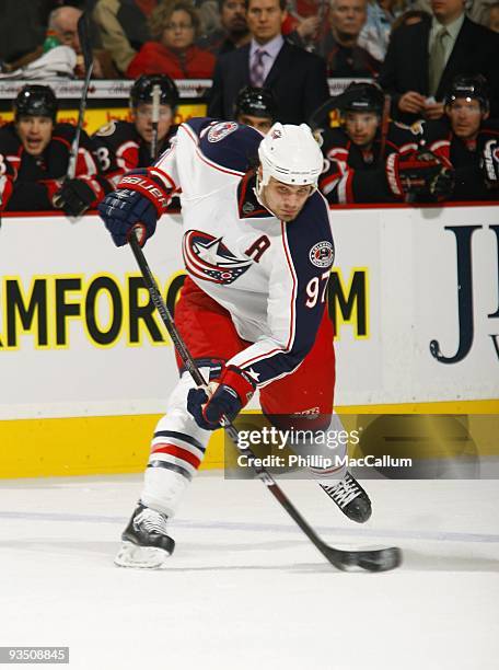 Rostislav Klesla of the Columbus Blue Jackets shoots from the point against the Ottawa Senators during their game at Scotiabank Place on November 26,...