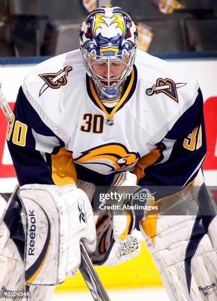 Ryan Miller of the Buffalo Sabres prepares himself during warmup before playing against the Toronto Maple Leafs November 30, 2009 at the Air Canada...