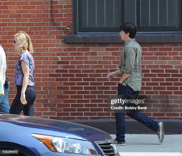 Drew Barrymore and Justin Long on the set of "Going the Distance" on the Streets of Brooklyn on August 4, 2009 in New York City.