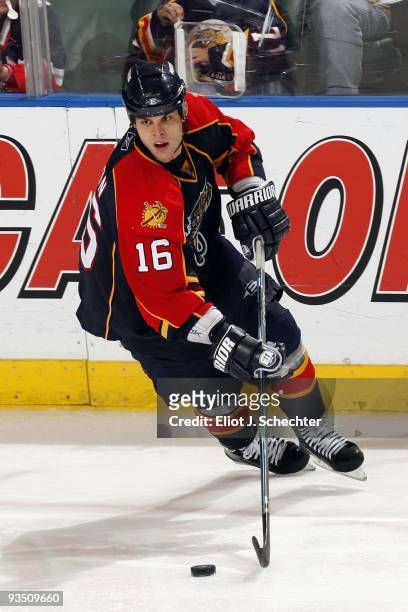 Nathan Horton of the Florida Panthers skates with the puck against the New York Rangers at the BankAtlantic Center on November 25, 2009 in Sunrise,...