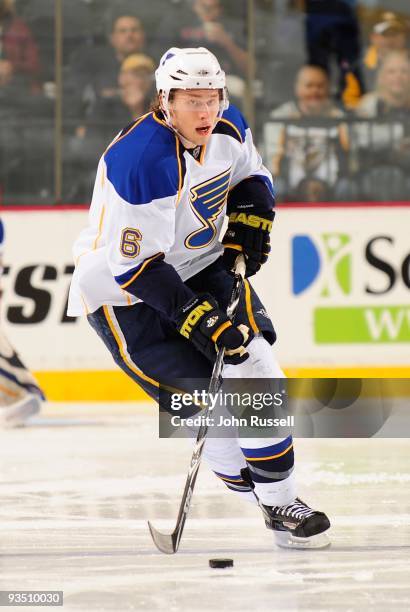 Erik Johnson of the St. Louis Blues skates against the Nashville Predators on November 27, 2009 at the Sommet Center in Nashville, Tennessee.