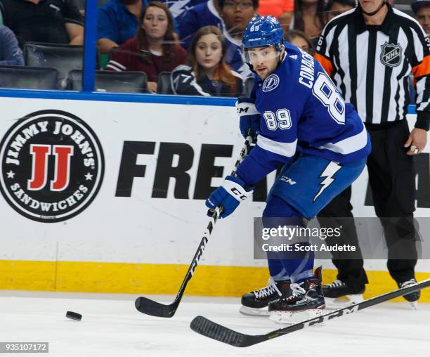 Cory Conacher of the Tampa Bay Lightning skates against the Edmonton Oilers during the third period at Amalie Arena on March 18, 2018 in Tampa,...