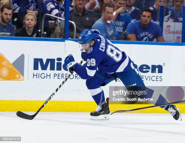 Cory Conacher of the Tampa Bay Lightning skates against the Edmonton Oilers during the third period at Amalie Arena on March 18, 2018 in Tampa,...