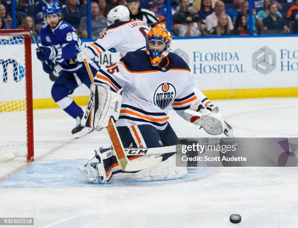 Goalie Al Montoya of the Edmonton Oilers skates against the Tampa Bay Lightning at Amalie Arena on March 18, 2018 in Tampa, Florida. "n