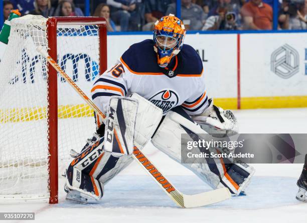 Goalie Al Montoya of the Edmonton Oilers skates against the Tampa Bay Lightning at Amalie Arena on March 18, 2018 in Tampa, Florida. "n