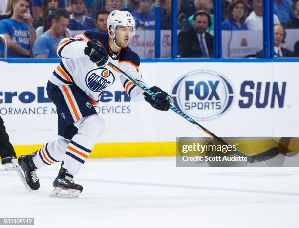 Oscar Klefbom of the Edmonton Oilers skates against the Tampa Bay Lightning at Amalie Arena on March 18, 2018 in Tampa, Florida. "n