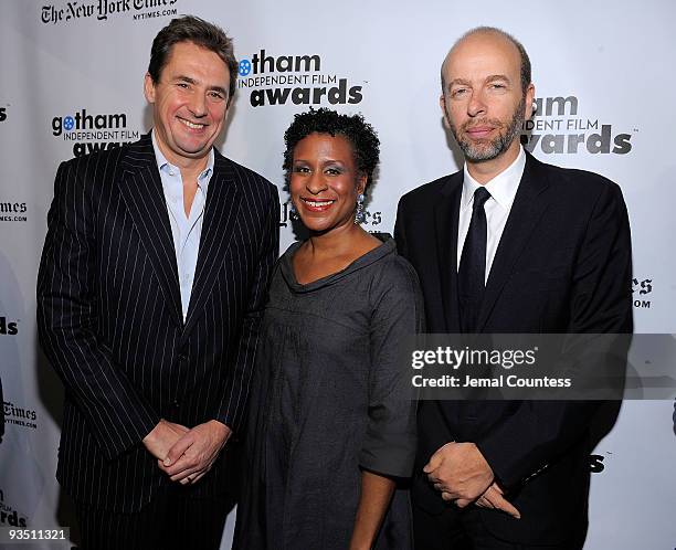 Tim Bevan of Working Title, executive director of IFP Michelle Byrd and Eric Fellner of Working Title attend IFP's 19th Annual Gotham Independent...