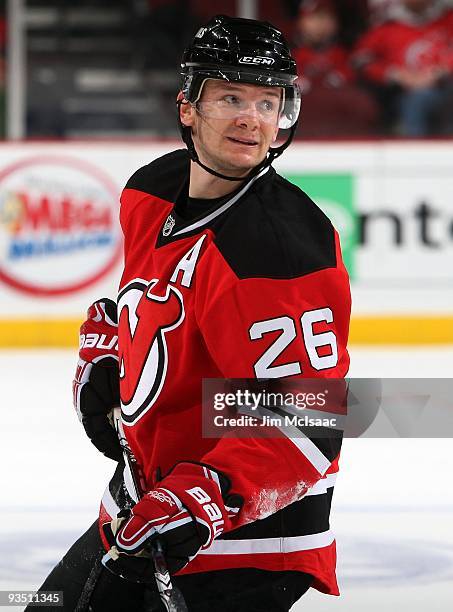Patrik Elias of the New Jersey Devils looks on against the Ottawa Senators at the Prudential Center on November 25, 2009 in Newark, New Jersey. The...