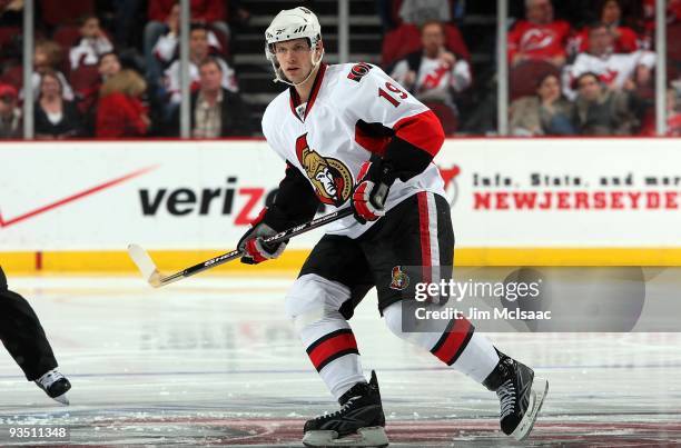 Jason Spezza of the Ottawa Senators skates against the New Jersey Devils at the Prudential Center on November 25, 2009 in Newark, New Jersey. The...