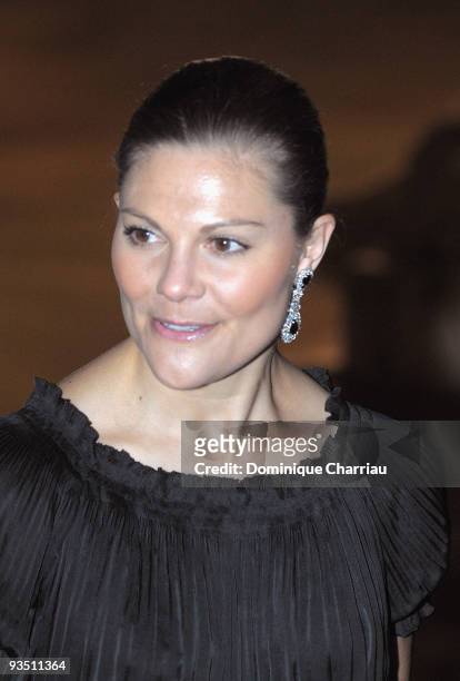 Crown Princess Victoria of Sweden arrives at the Franco-Swedish Gala organised by Swedish Trade Council and Paris City Hall at Le Petit...
