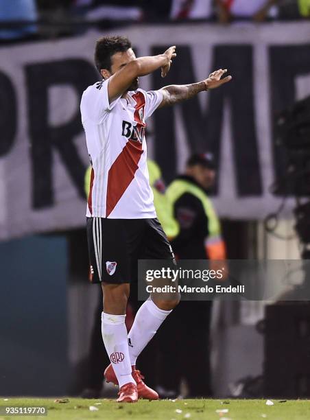 Ignacio Scocco of River Plate celebrates after scoring the third goal of his team during a match between River Plate and Belgrano as part of...