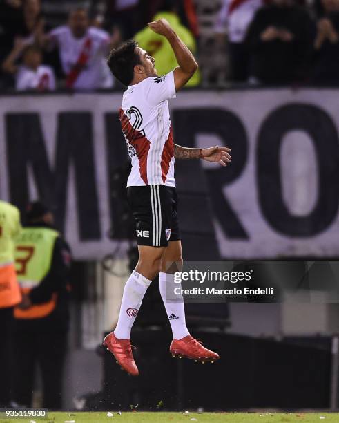 Ignacio Scocco of River Plate celebrates after scoring the third goal of his team during a match between River Plate and Belgrano as part of...