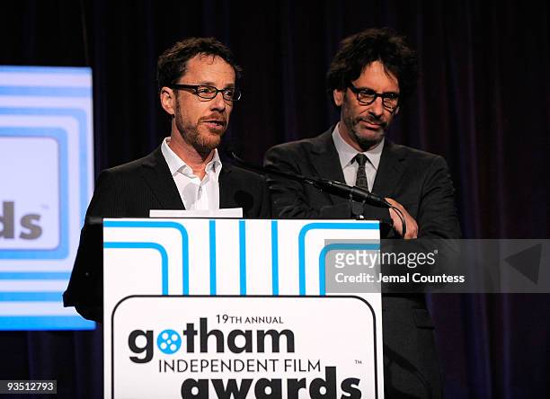 Directors Ethan Coen and Joel Coen speak onstage at IFP's 19th Annual Gotham Independent Film Awards at Cipriani, Wall Street on November 30, 2009 in...