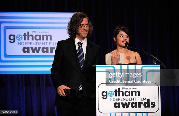 Director Brett Morgan and actress Melonie Diaz speak onstage at IFP's 19th Annual Gotham Independent Film Awards at Cipriani, Wall Street on November...