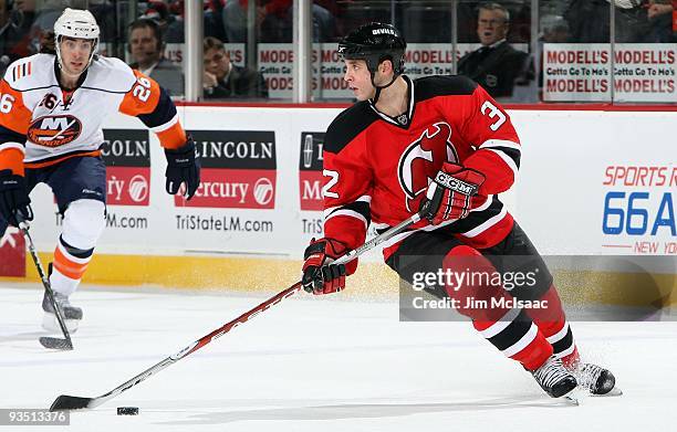 Matthew Corrente of the New Jersey Devils skates against the New York Islanders at the Prudential Center on November 28, 2009 in Newark, New Jersey.