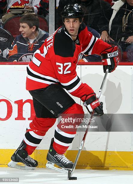Matthew Corrente of the New Jersey Devils skates against the New York Islanders at the Prudential Center on November 28, 2009 in Newark, New Jersey.