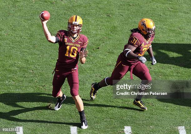 Quarterback Samson Szakacsy of the Arizona State Sun Devils drops back to pass during the college football game against the Arizona Wildcats at Sun...